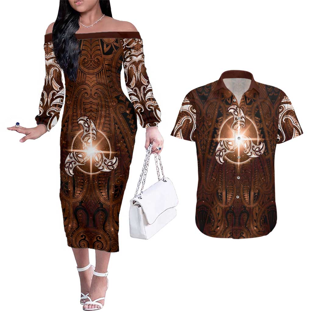 New Zealand Matariki Tupuanuku Couples Matching Off The Shoulder Long Sleeve Dress and Hawaiian Shirt Maori Moko Brown Galaxy LT05 Brown - Polynesian Pride