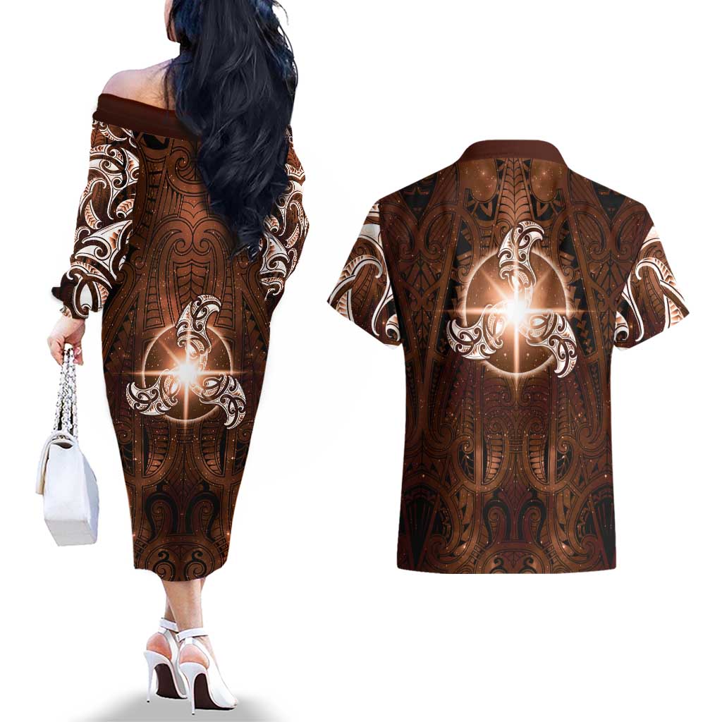 New Zealand Matariki Tupuanuku Couples Matching Off The Shoulder Long Sleeve Dress and Hawaiian Shirt Maori Moko Brown Galaxy LT05 - Polynesian Pride