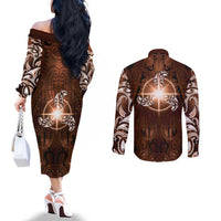 New Zealand Matariki Tupuanuku Couples Matching Off The Shoulder Long Sleeve Dress and Long Sleeve Button Shirt Maori Moko Brown Galaxy LT05 - Polynesian Pride
