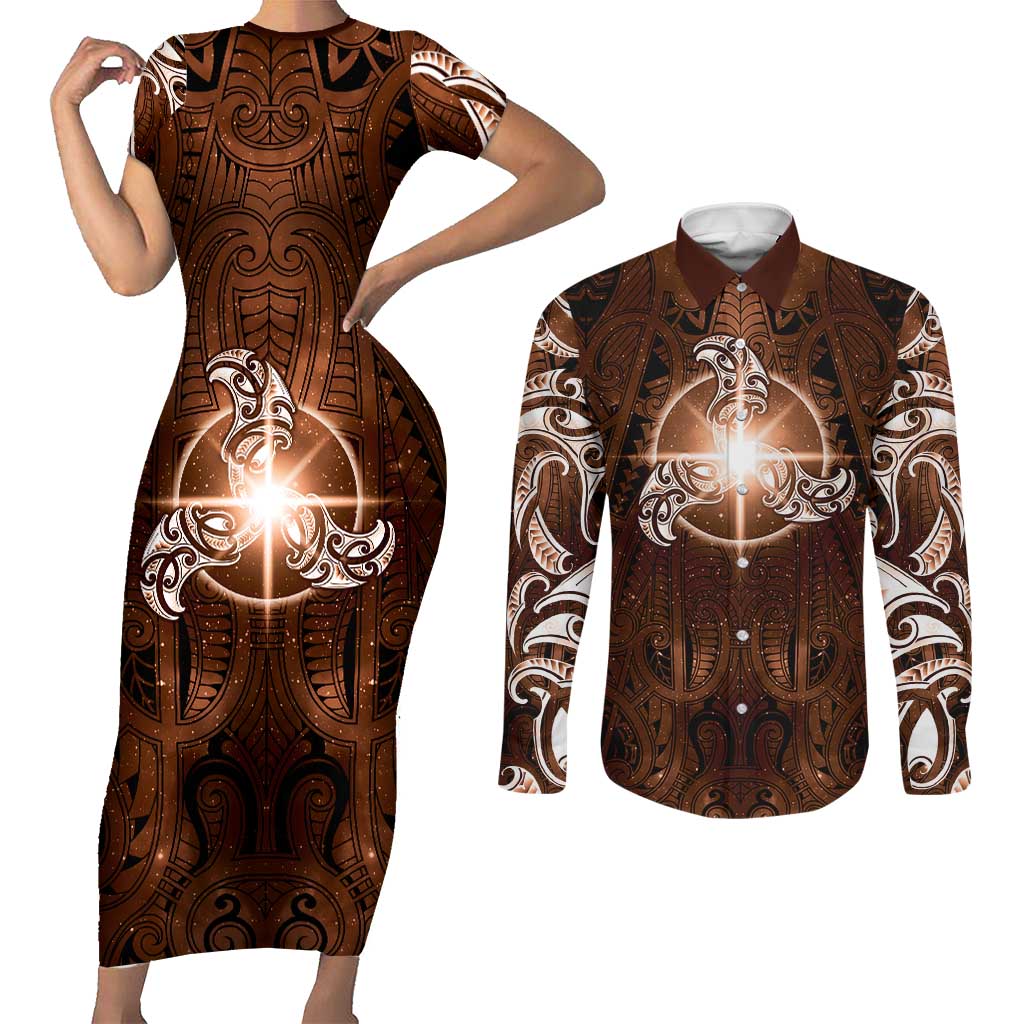 New Zealand Matariki Tupuanuku Couples Matching Short Sleeve Bodycon Dress and Long Sleeve Button Shirt Maori Moko Brown Galaxy LT05 Brown - Polynesian Pride