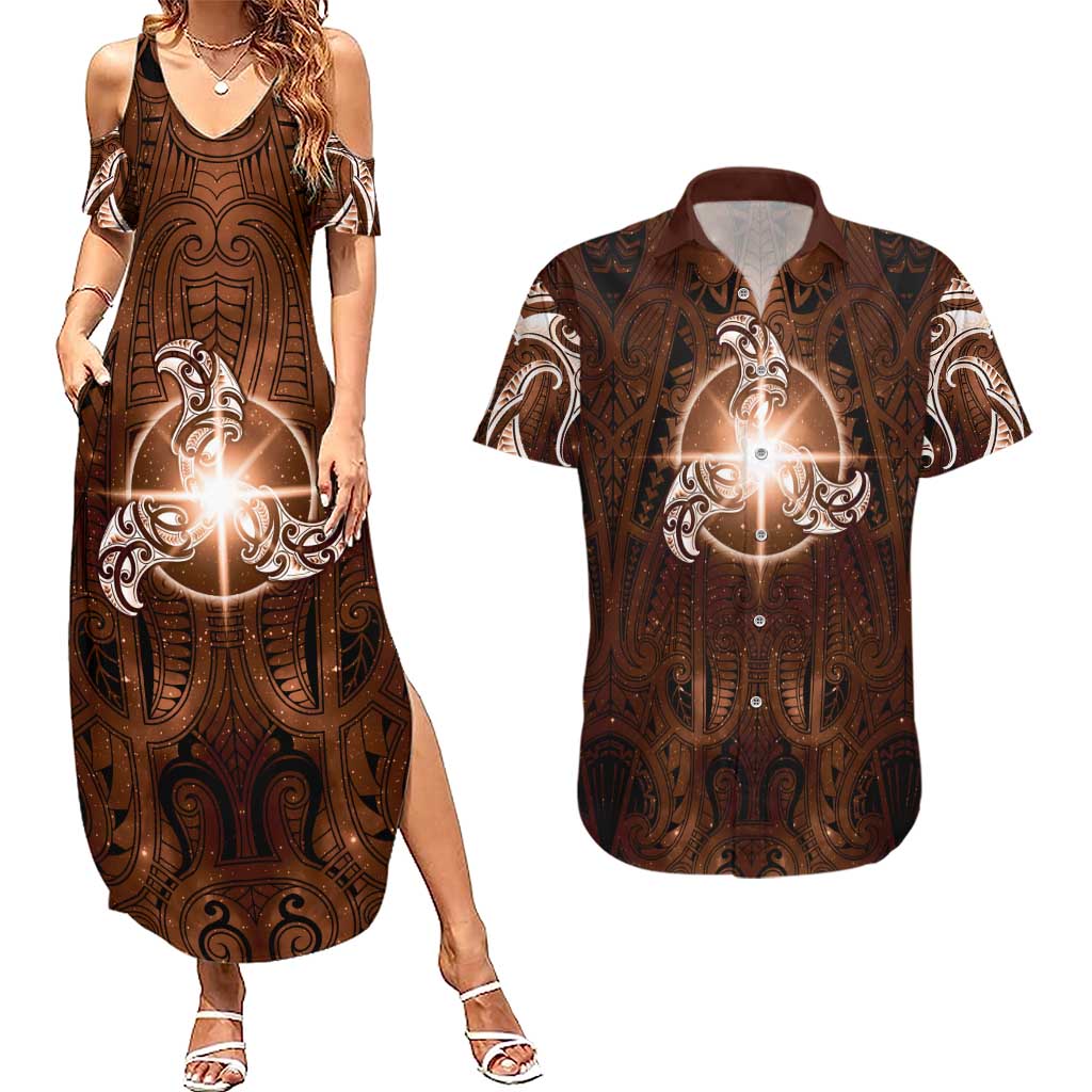 New Zealand Matariki Tupuanuku Couples Matching Summer Maxi Dress and Hawaiian Shirt Maori Moko Brown Galaxy LT05 Brown - Polynesian Pride