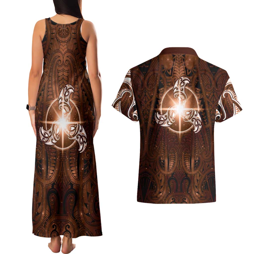 New Zealand Matariki Tupuanuku Couples Matching Tank Maxi Dress and Hawaiian Shirt Maori Moko Brown Galaxy LT05 - Polynesian Pride