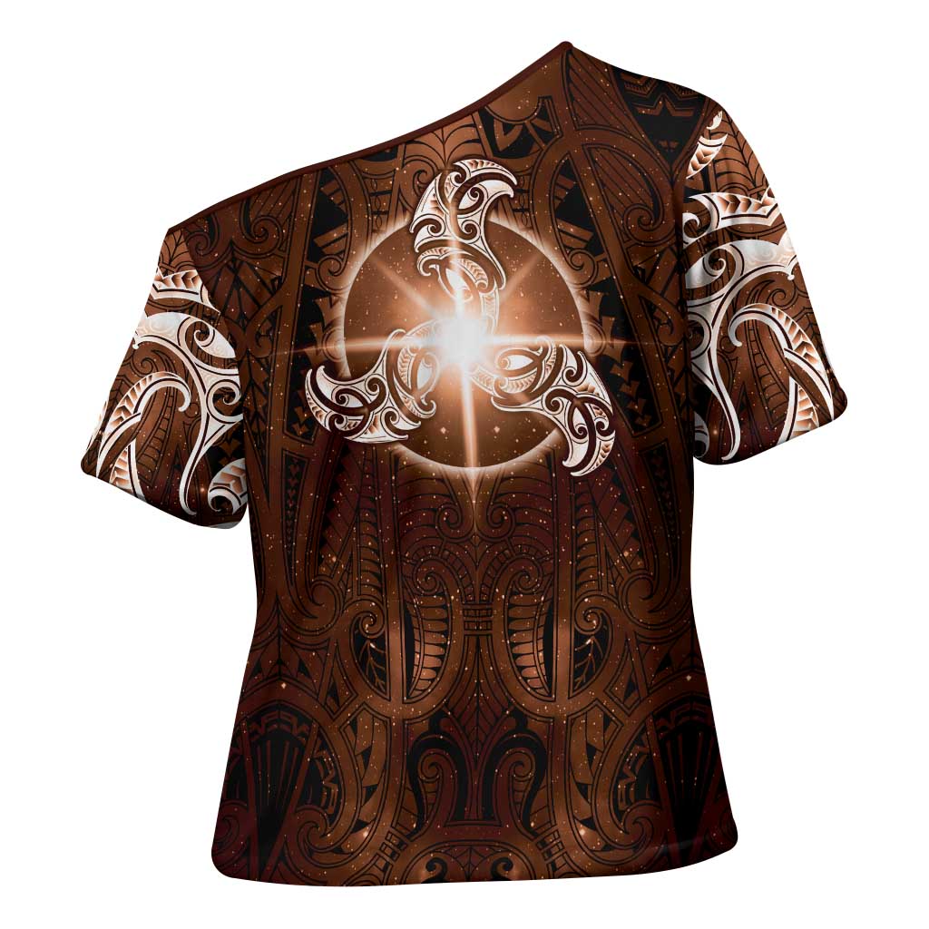 New Zealand Matariki Tupuanuku Cross Shoulder Shirt Maori Moko Brown Galaxy