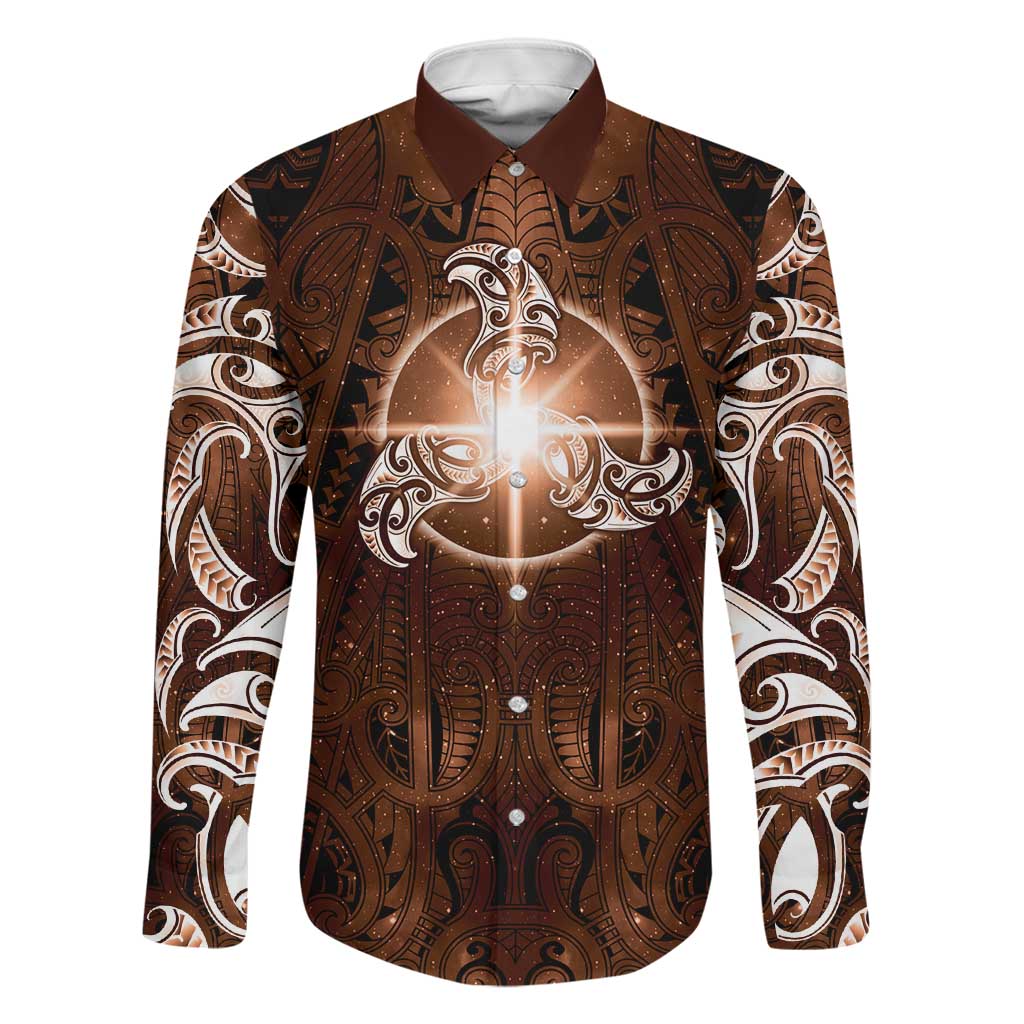 New Zealand Matariki Tupuanuku Family Matching Long Sleeve Bodycon Dress and Hawaiian Shirt Maori Moko Brown Galaxy LT05 Dad's Shirt - Long Sleeve Brown - Polynesian Pride