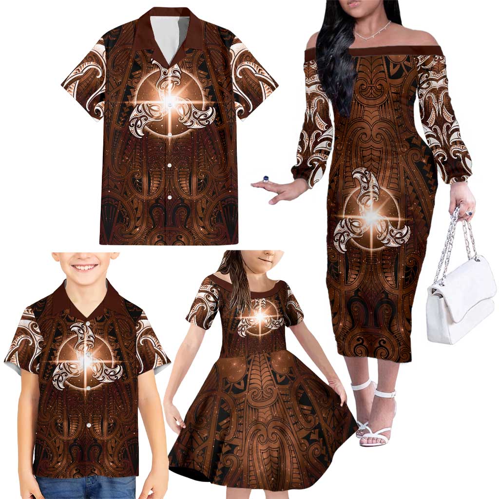 New Zealand Matariki Tupuanuku Family Matching Off The Shoulder Long Sleeve Dress and Hawaiian Shirt Maori Moko Brown Galaxy