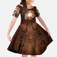 New Zealand Matariki Tupuanuku Family Matching Puletasi and Hawaiian Shirt Maori Moko Brown Galaxy LT05 Daughter's Dress Brown - Polynesian Pride