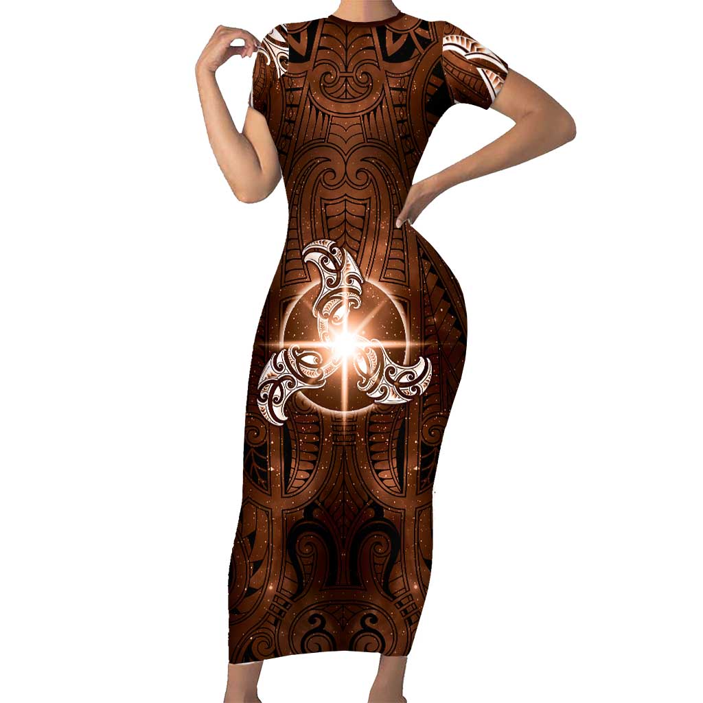 New Zealand Matariki Tupuanuku Family Matching Short Sleeve Bodycon Dress and Hawaiian Shirt Maori Moko Brown Galaxy LT05 Mom's Dress Brown - Polynesian Pride