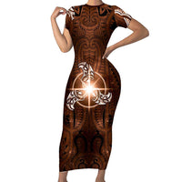 New Zealand Matariki Tupuanuku Family Matching Short Sleeve Bodycon Dress and Hawaiian Shirt Maori Moko Brown Galaxy LT05 Mom's Dress Brown - Polynesian Pride