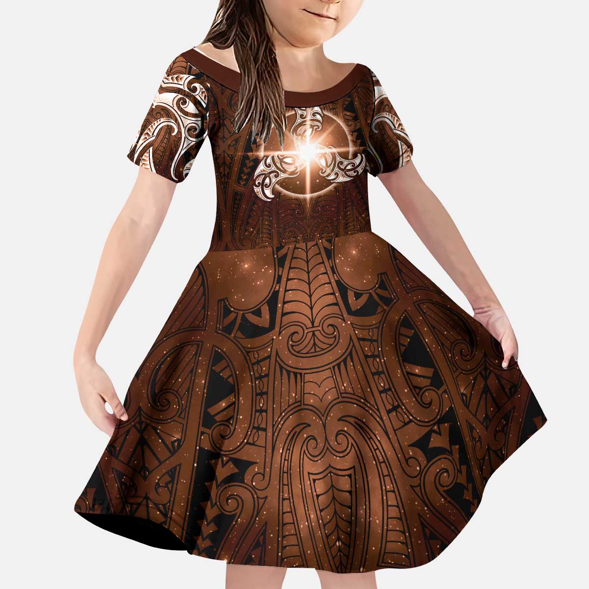 New Zealand Matariki Tupuanuku Kid Short Sleeve Dress Maori Moko Brown Galaxy LT05 KID Brown - Polynesian Pride