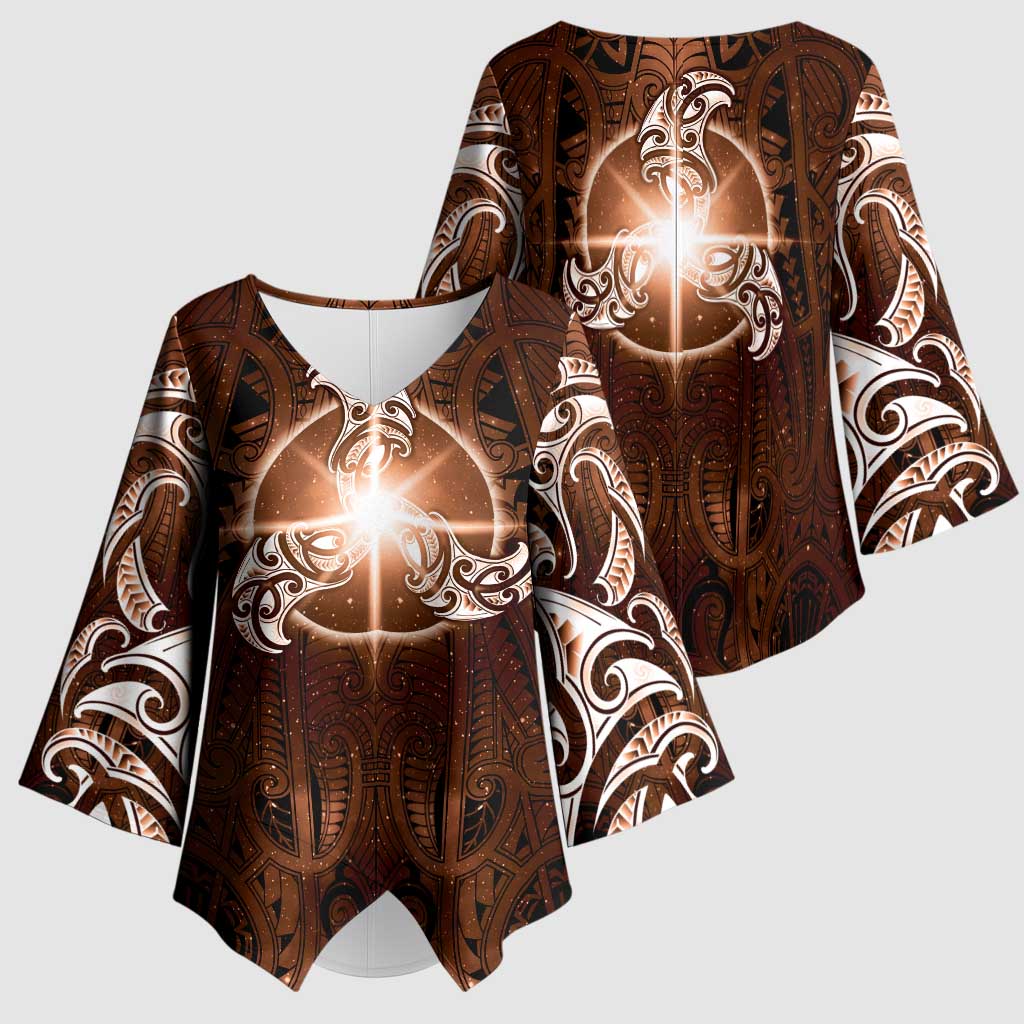 New Zealand Matariki Tupuanuku Kimono Sleeve Blouse Maori Moko Brown Galaxy