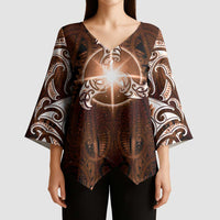 New Zealand Matariki Tupuanuku Kimono Sleeve Blouse Maori Moko Brown Galaxy