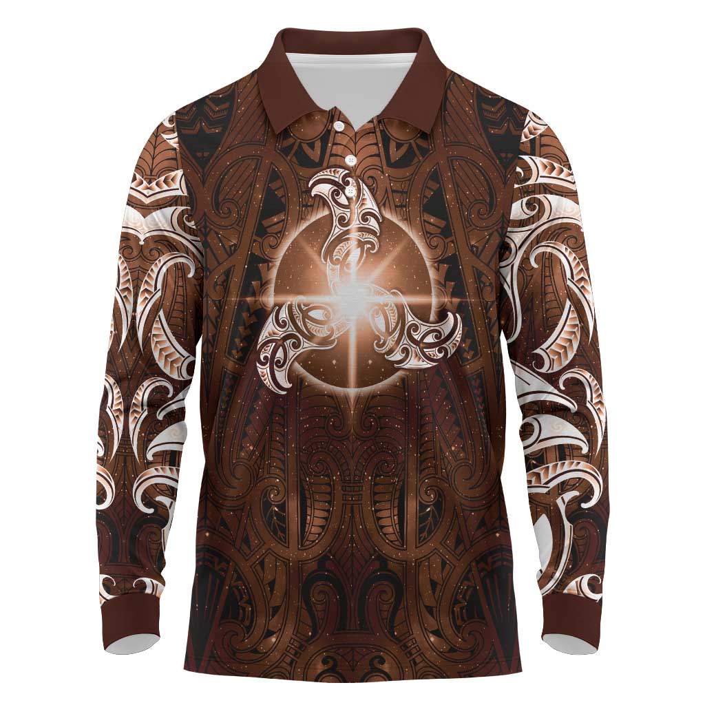 New Zealand Matariki Tupuanuku Long Sleeve Polo Shirt Maori Moko Brown Galaxy LT05 Brown - Polynesian Pride