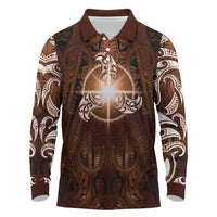 New Zealand Matariki Tupuanuku Long Sleeve Polo Shirt Maori Moko Brown Galaxy LT05 Brown - Polynesian Pride
