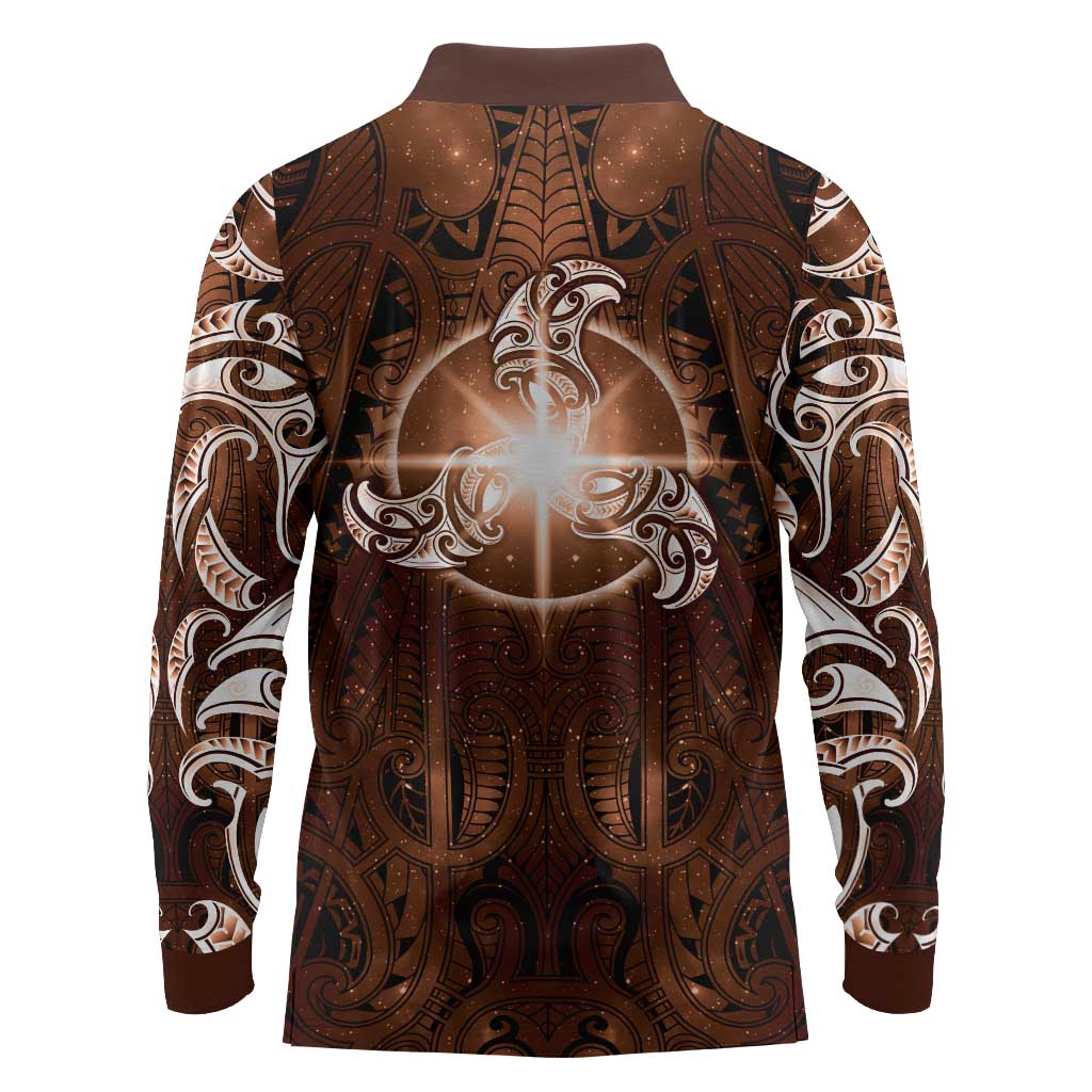 New Zealand Matariki Tupuanuku Long Sleeve Polo Shirt Maori Moko Brown Galaxy LT05 - Polynesian Pride