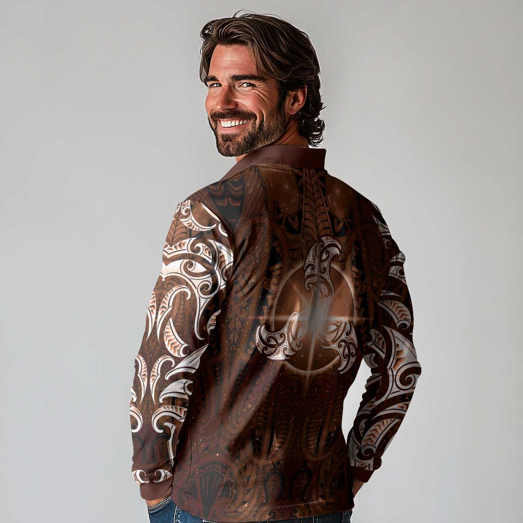 New Zealand Matariki Tupuanuku Long Sleeve Polo Shirt Maori Moko Brown Galaxy LT05 - Polynesian Pride
