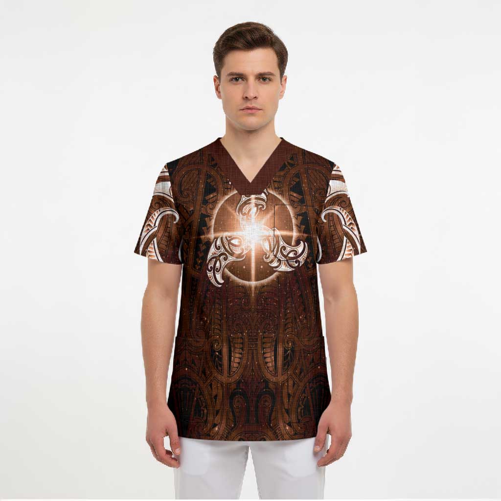 New Zealand Matariki Tupuanuku Scrub Top Maori Moko Brown Galaxy