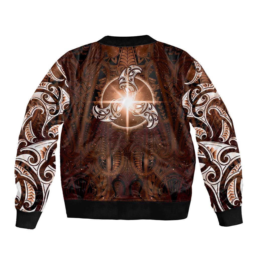 New Zealand Matariki Tupuanuku Sleeve Zip Bomber Jacket Maori Moko Brown Galaxy