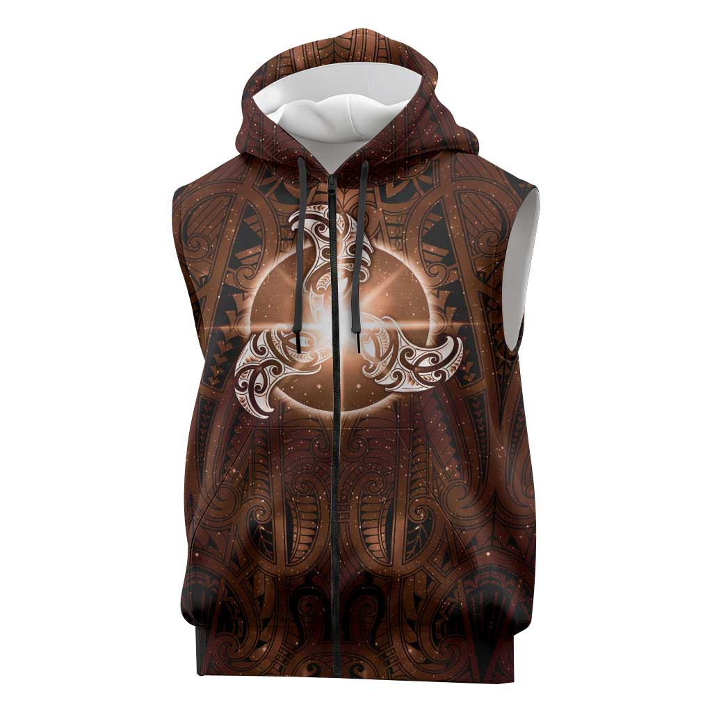 New Zealand Matariki Tupuanuku Sleeveless Zip Hoodie Maori Moko Brown Galaxy LT05 Brown - Polynesian Pride