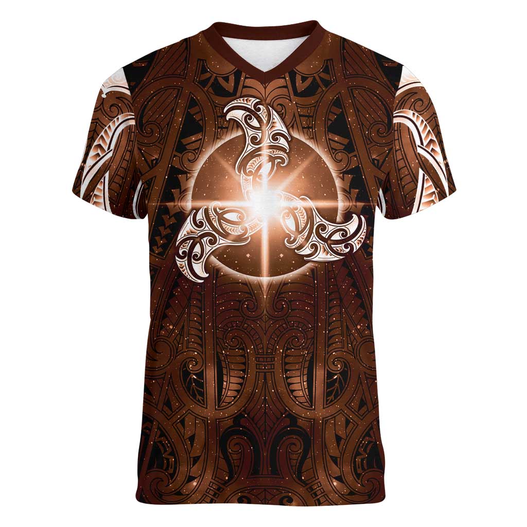 New Zealand Matariki Tupuanuku Women V-Neck T-Shirt Maori Moko Brown Galaxy LT05 Female Brown - Polynesian Pride
