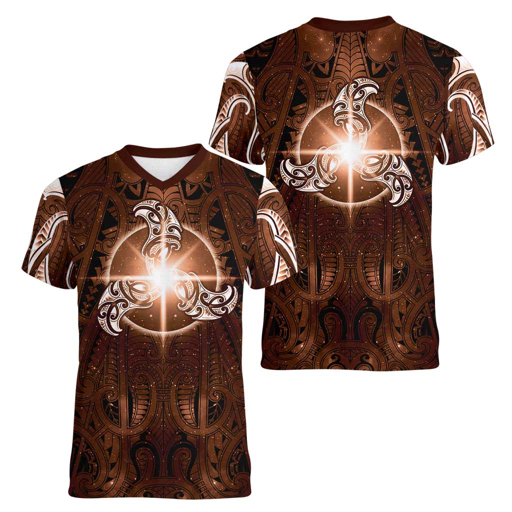 New Zealand Matariki Tupuanuku Women V-Neck T-Shirt Maori Moko Brown Galaxy LT05 - Polynesian Pride