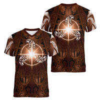 New Zealand Matariki Tupuanuku Women V-Neck T-Shirt Maori Moko Brown Galaxy LT05 - Polynesian Pride
