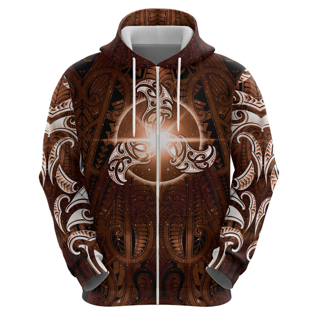 New Zealand Matariki Tupuanuku Zip Hoodie Maori Moko Brown Galaxy LT05 - Polynesian Pride