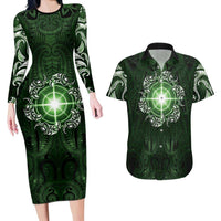 New Zealand Matariki Tupuarangi Couples Matching Long Sleeve Bodycon Dress and Hawaiian Shirt Maori Moko Green Galaxy LT05 Green - Polynesian Pride