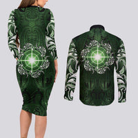 New Zealand Matariki Tupuarangi Couples Matching Long Sleeve Bodycon Dress and Long Sleeve Button Shirt Maori Moko Green Galaxy LT05 - Polynesian Pride