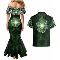 New Zealand Matariki Tupuarangi Couples Matching Mermaid Dress and Hawaiian Shirt Maori Moko Green Galaxy LT05 - Polynesian Pride