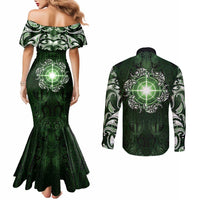 New Zealand Matariki Tupuarangi Couples Matching Mermaid Dress and Long Sleeve Button Shirt Maori Moko Green Galaxy LT05 - Polynesian Pride