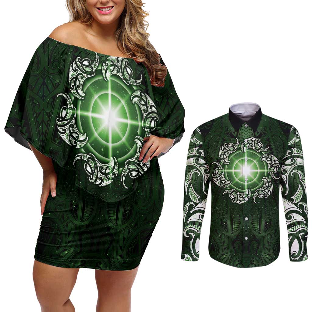 New Zealand Matariki Tupuarangi Couples Matching Off Shoulder Short Dress and Long Sleeve Button Shirt Maori Moko Green Galaxy LT05 Green - Polynesian Pride