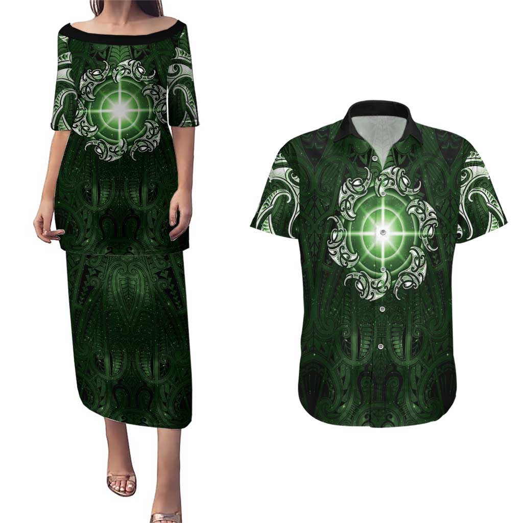 New Zealand Matariki Tupuarangi Couples Matching Puletasi and Hawaiian Shirt Maori Moko Green Galaxy