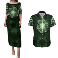 New Zealand Matariki Tupuarangi Couples Matching Puletasi and Hawaiian Shirt Maori Moko Green Galaxy LT05 Green - Polynesian Pride