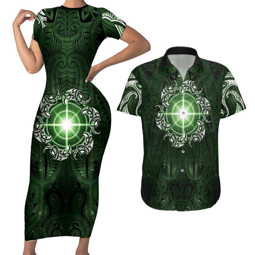 New Zealand Matariki Tupuarangi Couples Matching Short Sleeve Bodycon Dress and Hawaiian Shirt Maori Moko Green Galaxy LT05 Green - Polynesian Pride
