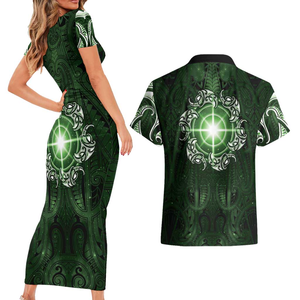 New Zealand Matariki Tupuarangi Couples Matching Short Sleeve Bodycon Dress and Hawaiian Shirt Maori Moko Green Galaxy LT05 - Polynesian Pride