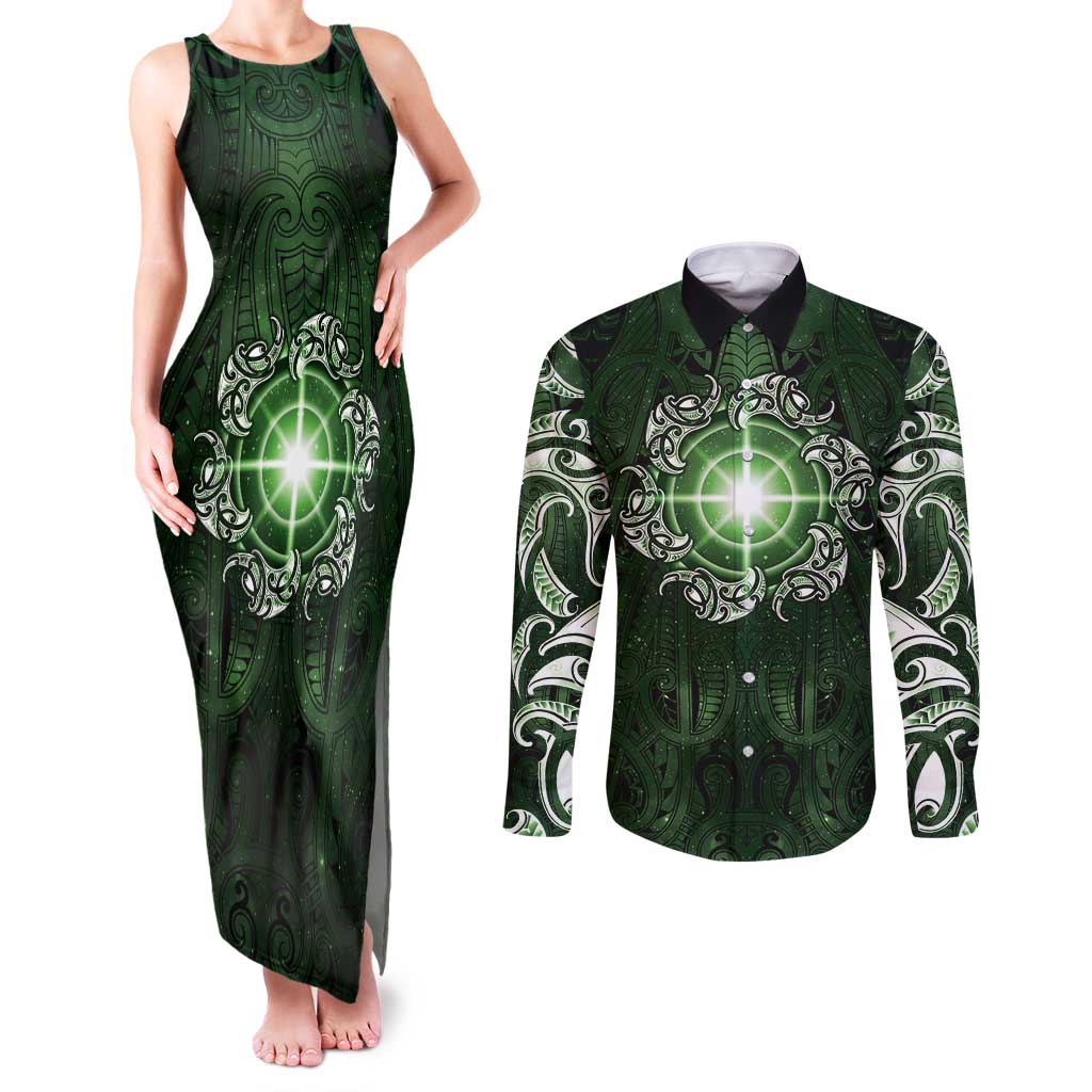 New Zealand Matariki Tupuarangi Couples Matching Tank Maxi Dress and Long Sleeve Button Shirt Maori Moko Green Galaxy LT05 Green - Polynesian Pride
