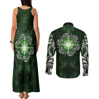 New Zealand Matariki Tupuarangi Couples Matching Tank Maxi Dress and Long Sleeve Button Shirt Maori Moko Green Galaxy LT05 - Polynesian Pride