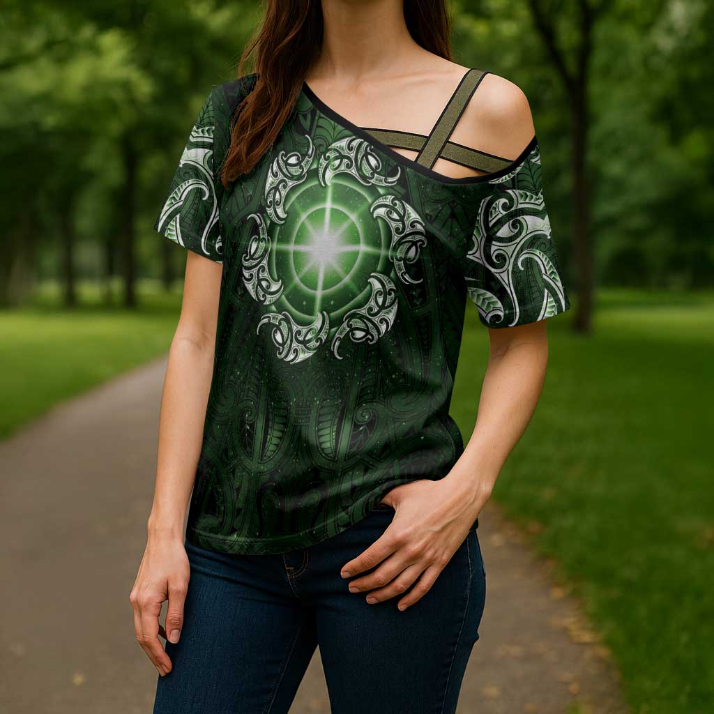 New Zealand Matariki Tupuarangi Cross Shoulder Shirt Maori Moko Green Galaxy