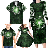 New Zealand Matariki Tupuarangi Family Matching Long Sleeve Bodycon Dress and Hawaiian Shirt Maori Moko Green Galaxy LT05 - Polynesian Pride