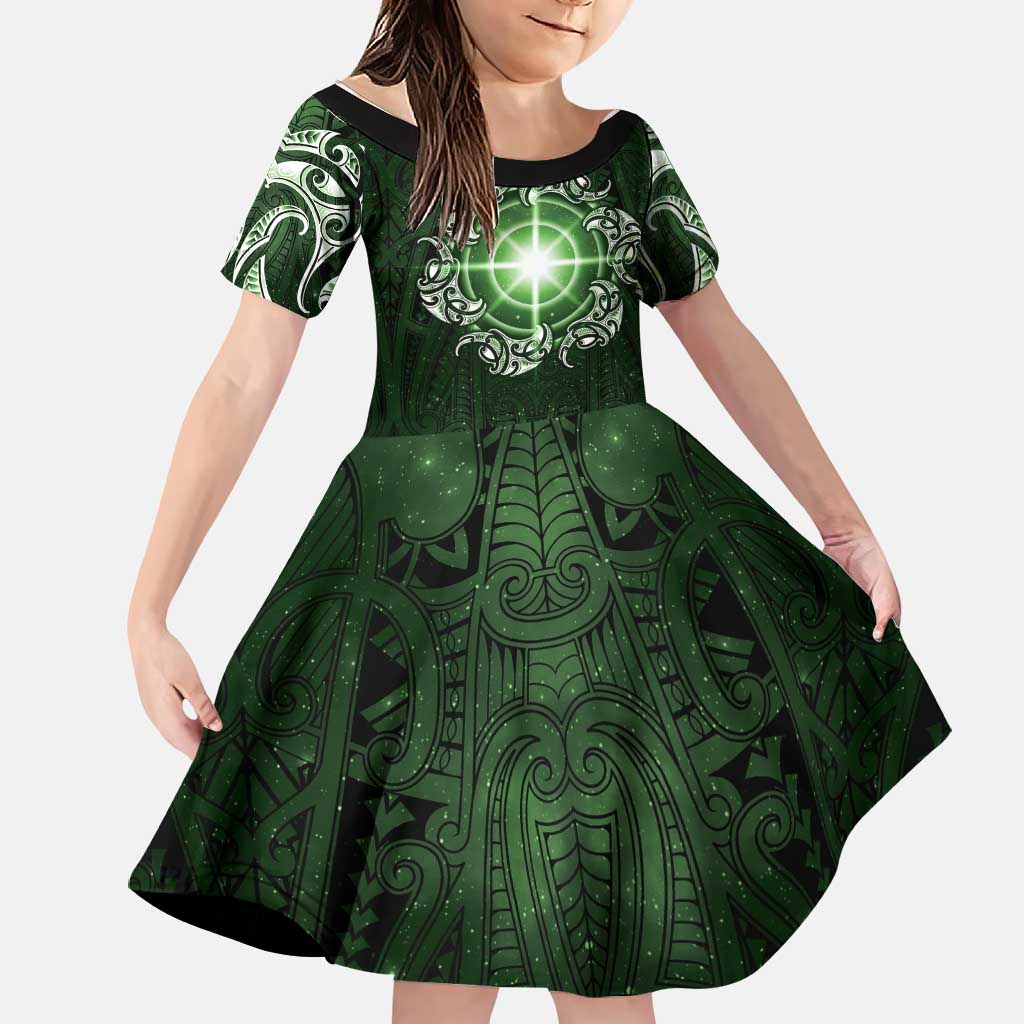 New Zealand Matariki Tupuarangi Family Matching Mermaid Dress and Hawaiian Shirt Maori Moko Green Galaxy LT05 Daughter's Dress Green - Polynesian Pride