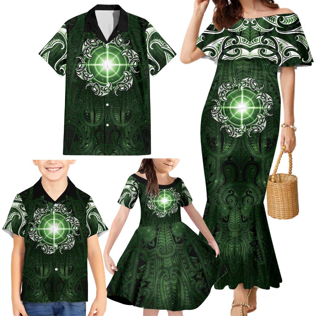 New Zealand Matariki Tupuarangi Family Matching Mermaid Dress and Hawaiian Shirt Maori Moko Green Galaxy LT05 - Polynesian Pride