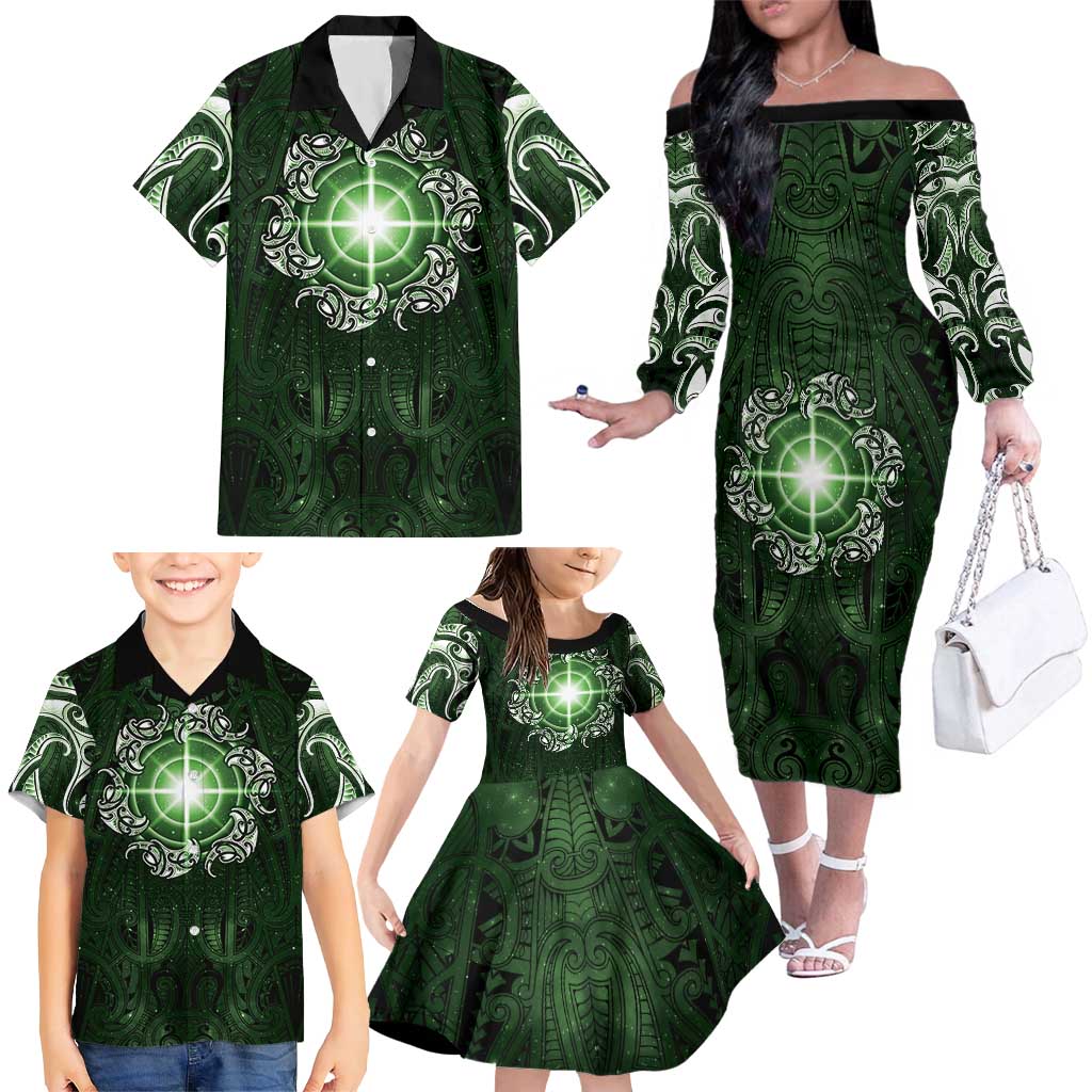 New Zealand Matariki Tupuarangi Family Matching Off The Shoulder Long Sleeve Dress and Hawaiian Shirt Maori Moko Green Galaxy