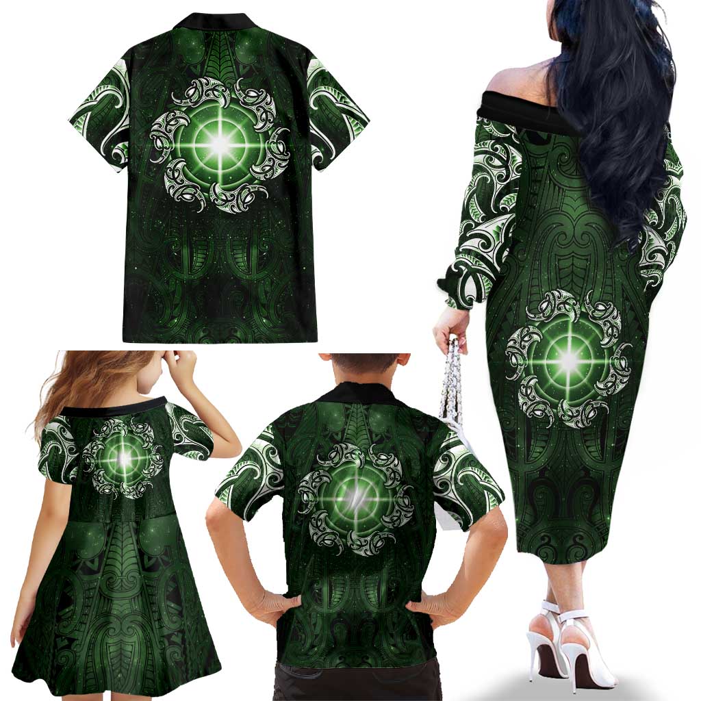 New Zealand Matariki Tupuarangi Family Matching Off The Shoulder Long Sleeve Dress and Hawaiian Shirt Maori Moko Green Galaxy LT05 - Polynesian Pride