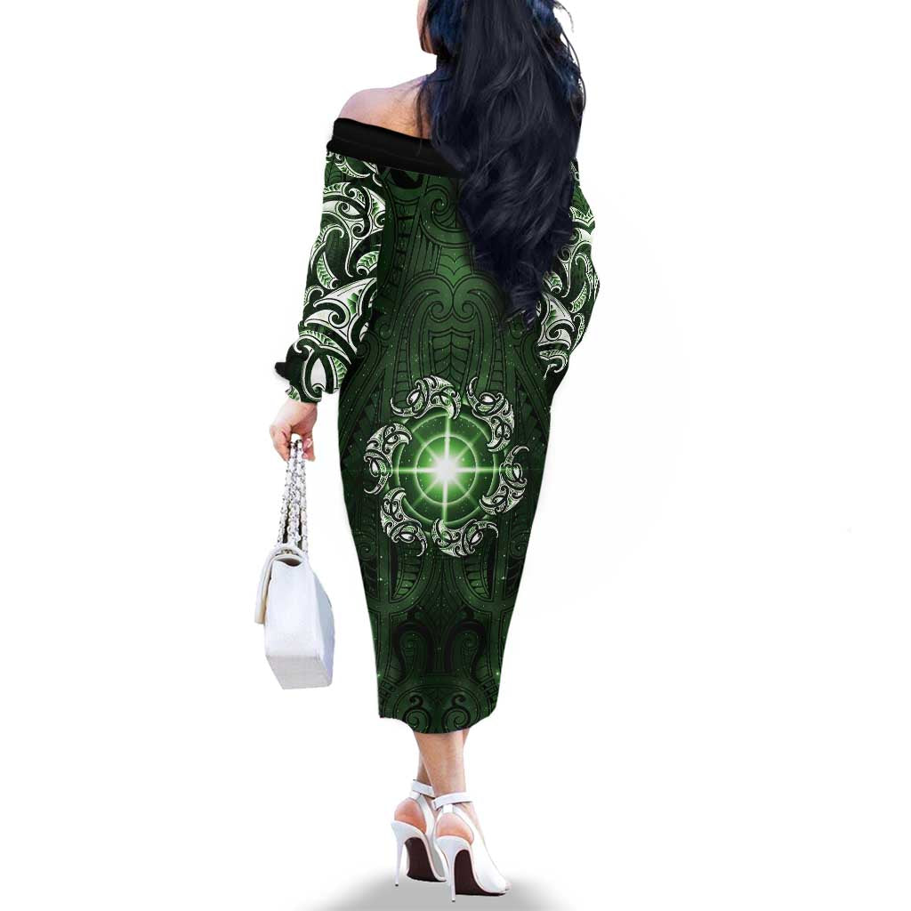New Zealand Matariki Tupuarangi Family Matching Off The Shoulder Long Sleeve Dress and Hawaiian Shirt Maori Moko Green Galaxy LT05 - Polynesian Pride