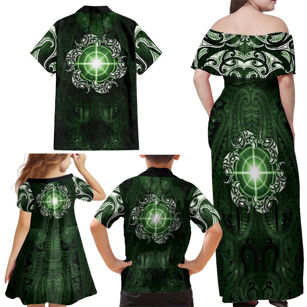 New Zealand Matariki Tupuarangi Family Matching Off Shoulder Maxi Dress and Hawaiian Shirt Maori Moko Green Galaxy LT05 - Polynesian Pride