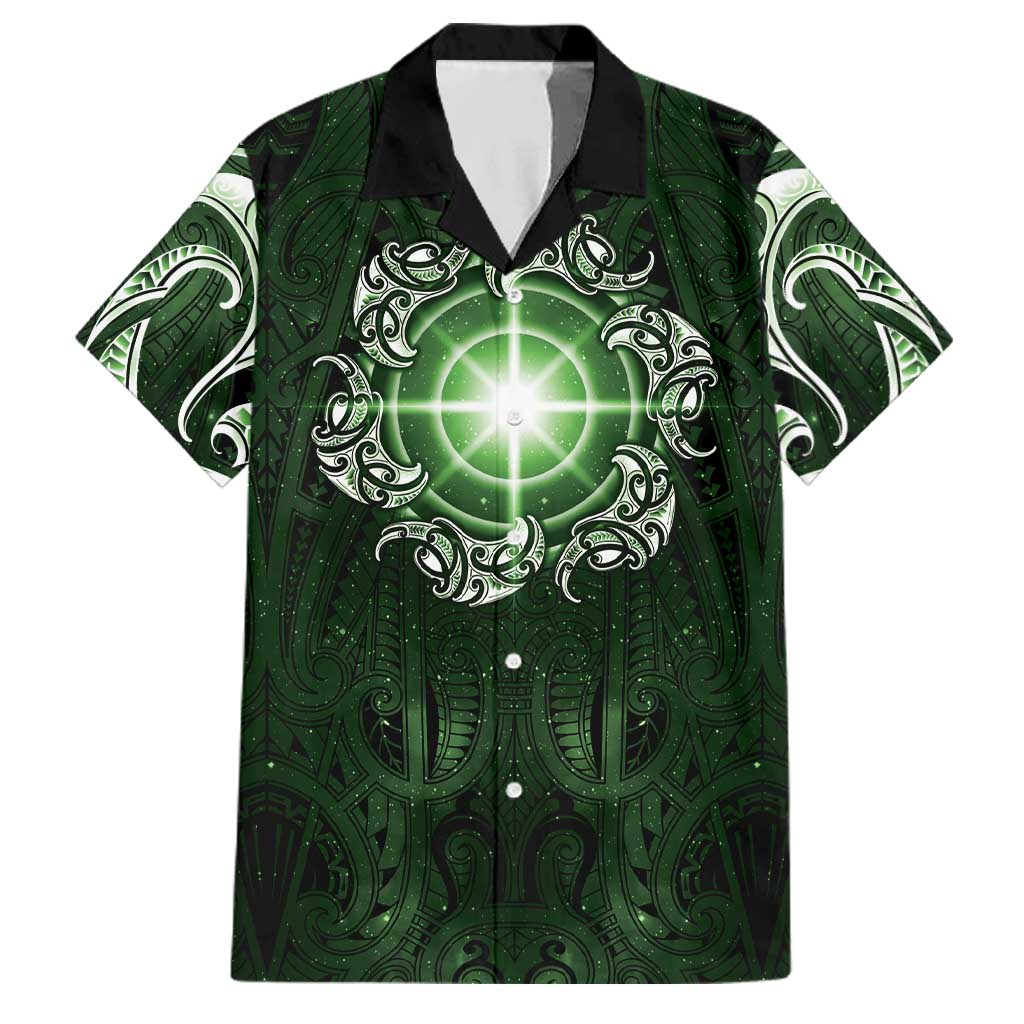 New Zealand Matariki Tupuarangi Family Matching Off Shoulder Short Dress and Hawaiian Shirt Maori Moko Green Galaxy LT05 Dad's Shirt - Short Sleeve Green - Polynesian Pride
