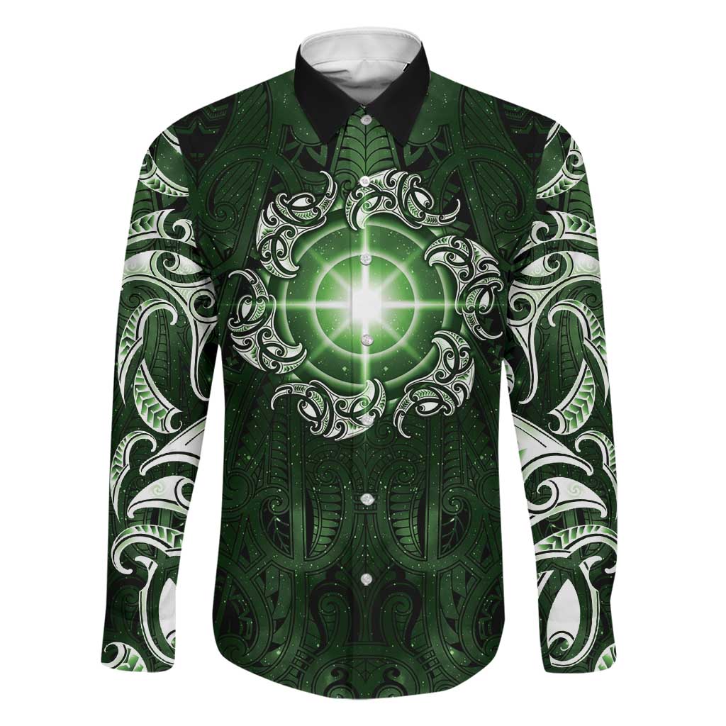 New Zealand Matariki Tupuarangi Family Matching Puletasi and Hawaiian Shirt Maori Moko Green Galaxy LT05 Dad's Shirt - Long Sleeve Green - Polynesian Pride