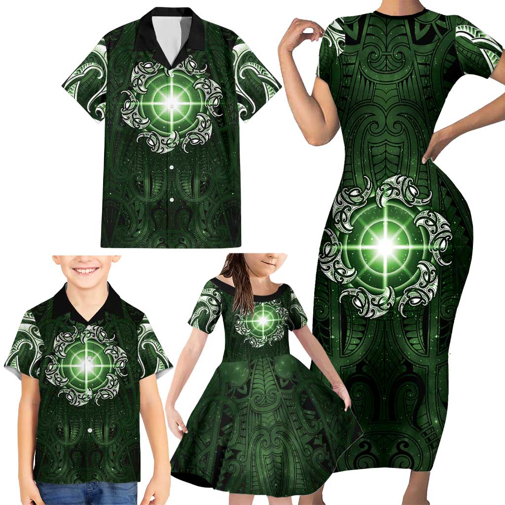 New Zealand Matariki Tupuarangi Family Matching Short Sleeve Bodycon Dress and Hawaiian Shirt Maori Moko Green Galaxy LT05 - Polynesian Pride
