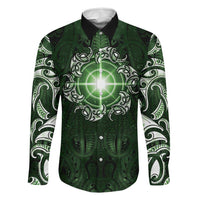 New Zealand Matariki Tupuarangi Family Matching Short Sleeve Bodycon Dress and Hawaiian Shirt Maori Moko Green Galaxy LT05 Dad's Shirt - Long Sleeve Green - Polynesian Pride