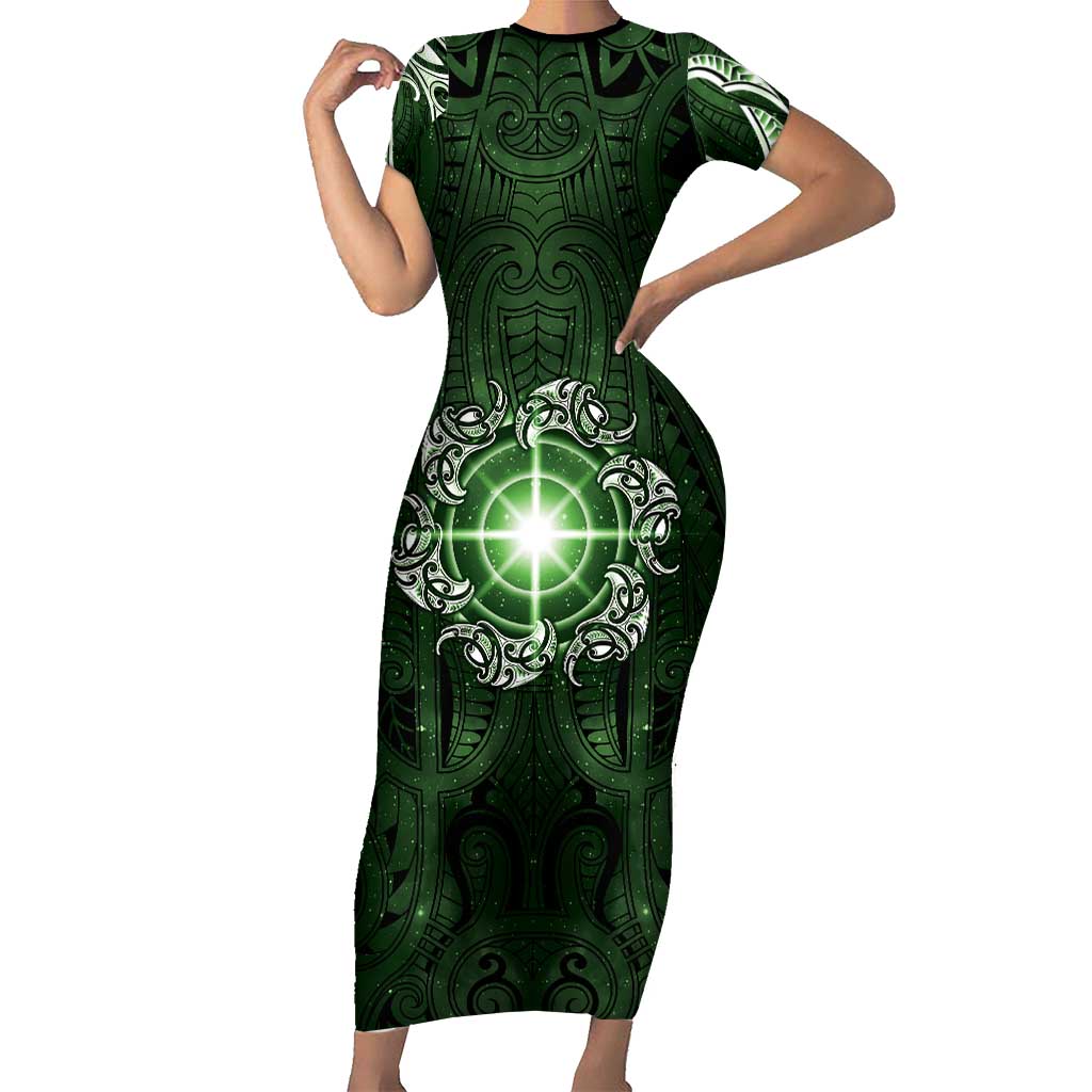 New Zealand Matariki Tupuarangi Family Matching Short Sleeve Bodycon Dress and Hawaiian Shirt Maori Moko Green Galaxy LT05 Mom's Dress Green - Polynesian Pride